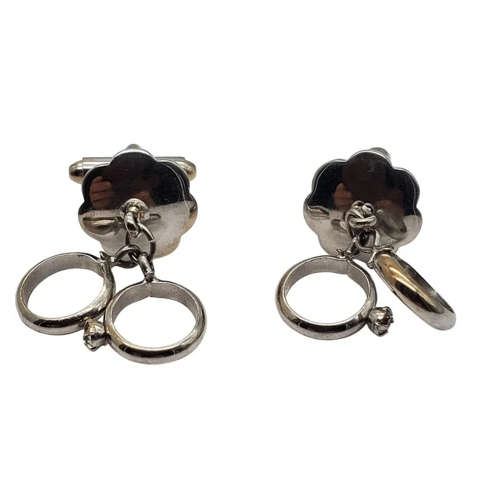 Silver Tone Wedding Ring Cufflinks Double Band Vintage Groom Mens Anniversary